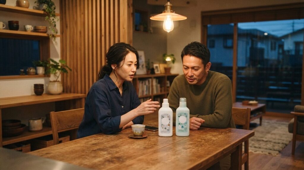 木のダイニングテーブルで日本人の夫婦が二つの洗浄剤パッケージを並べて話し合っている様子。純正品と互換品の違いを比較検討する、信頼と対話の雰囲気を表現する画像。