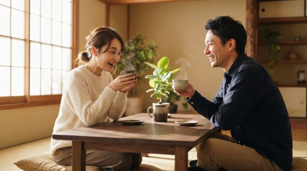 テーブルで steaming のコーヒー2杯をテイスティングし、笑って語り合う30代の日本人男女