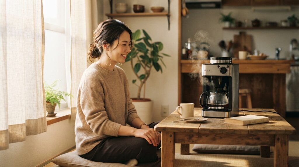 リッチまたはマイルドのテイストを選び、抽出中の蒸気越しにじっとコーヒーを待つ日本人女性。穏やかな午後の時間帯