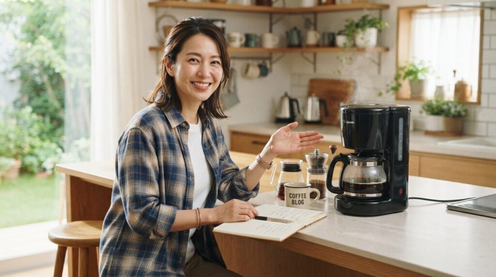 コーヒーのベテラン女性ブロガーがきれいな象印コーヒーサーバーの横で読者に語りかけるような笑顔のシーン。