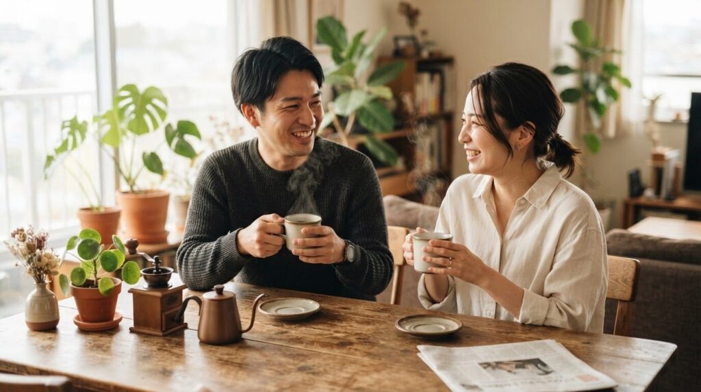 木のテーブルで淹れたてのコーヒーを静かに楽しむ日本人の夫婦。