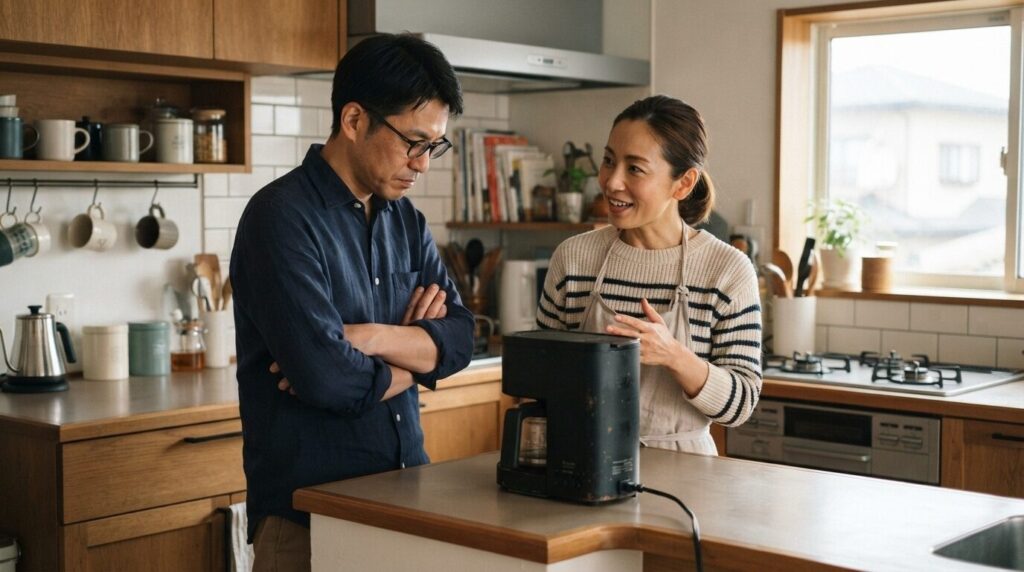 修理か買い替えかを夫婦で真剣に話し合う日本人 couple の朝のキッチン風景。納得感のある選択を支援する画像。