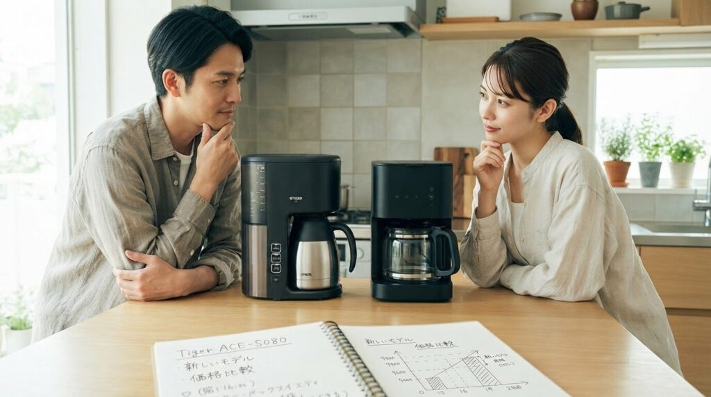 朝の日差しが入るキッチンで、湯気の立つコーヒーメーカーを眺めながら挽きたてのコーヒーを味わう日本人女性の笑顔