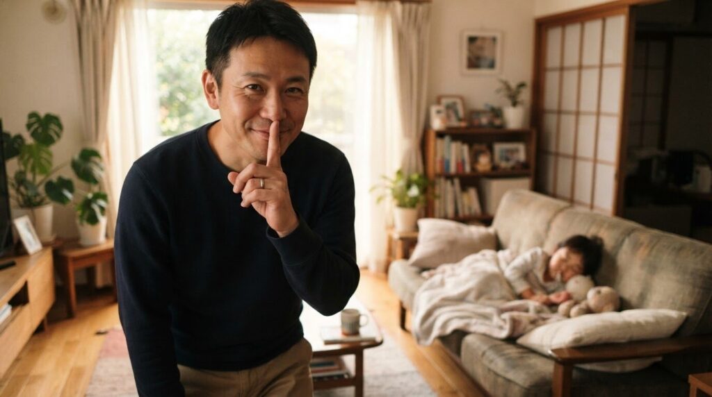 寝ている子どもを気遣い、静かに指を唇に当てて音を立てないよう示す日本人父親