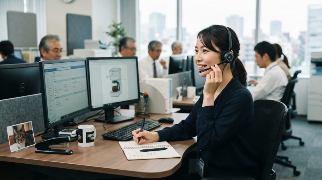 メーカーのカスタマーサービスに相談する日本人の女性スタッフ。
