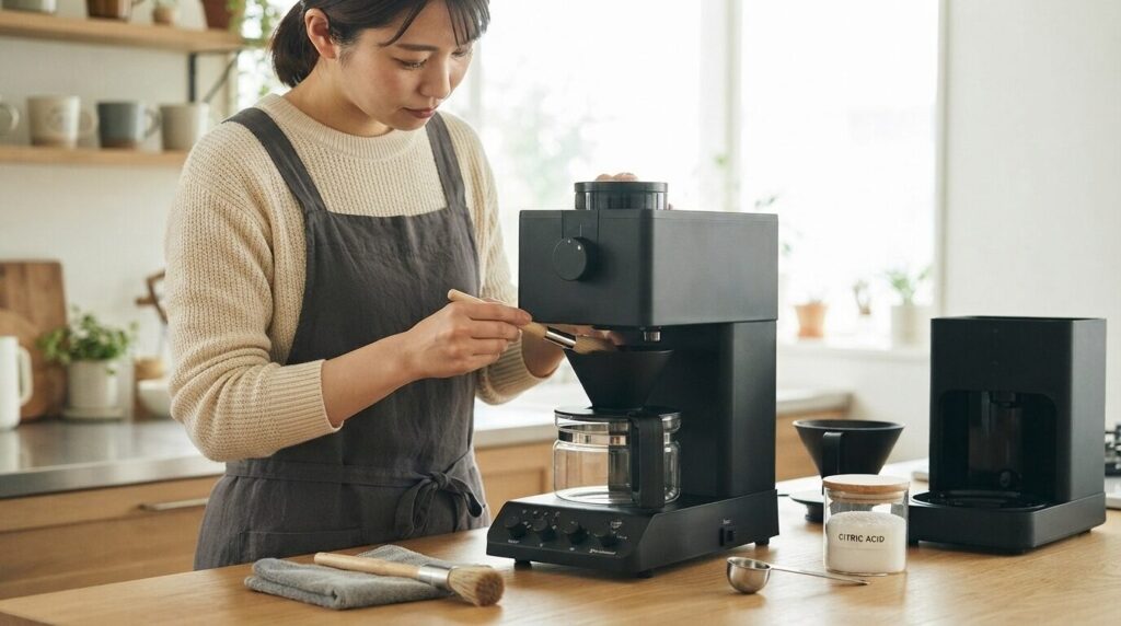 CM-D457をクエン酸で丁寧にメンテナンスする日本人女性のバリスタ。