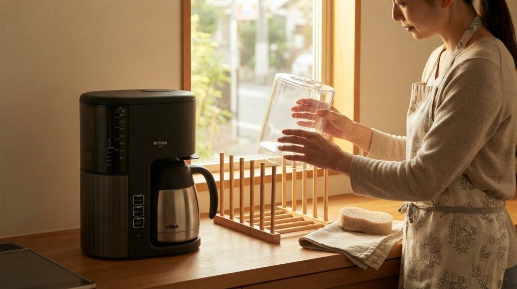  明るい窓辺の木製乾燥ラックで逆さにした給水タンクを丁寧に乾かす日本人主婦