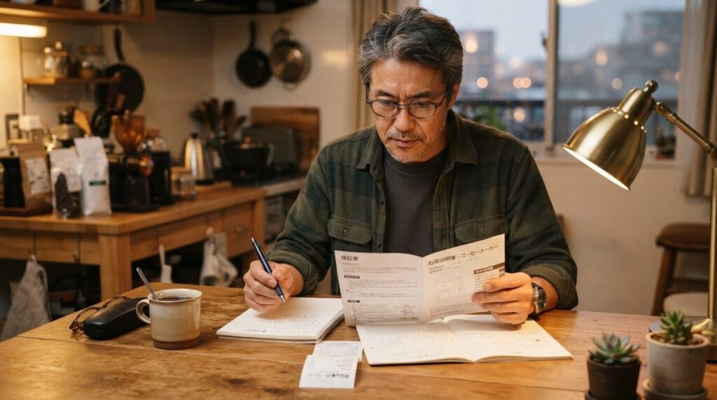 取扱説明書と保証書を丁寧に確認しながらメモを取る日本人男性。型番や購入日を整理する準備の重要性を表現。