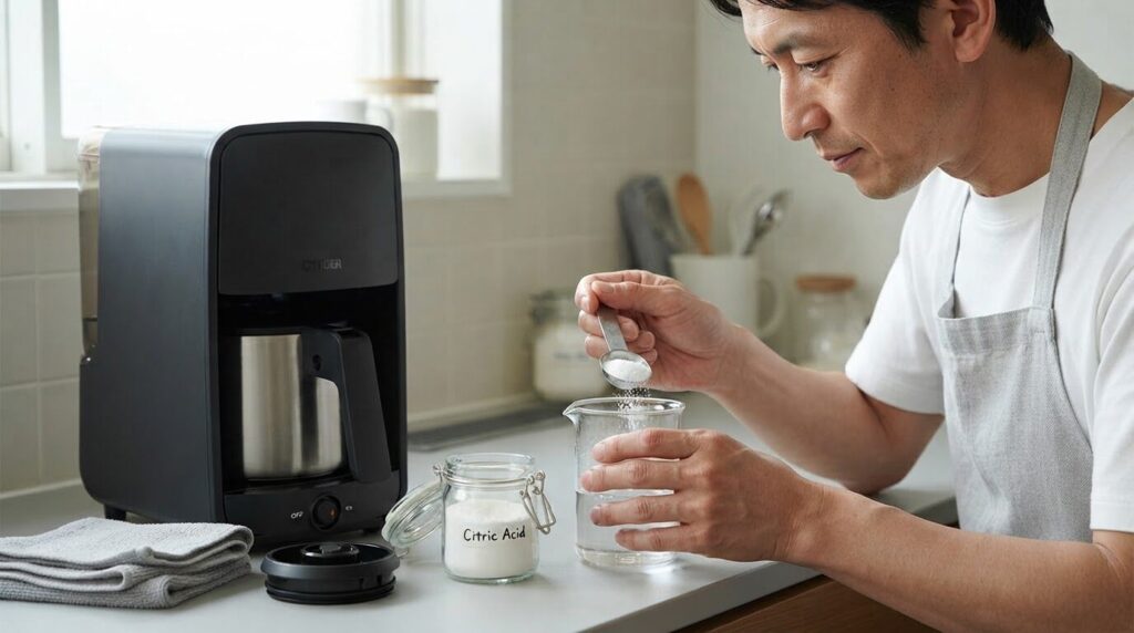 コーヒーメーカーを横に置き、クエン酸粉末をスプーンで正確に量り洗浄用の溶液を準備する日本人男性。