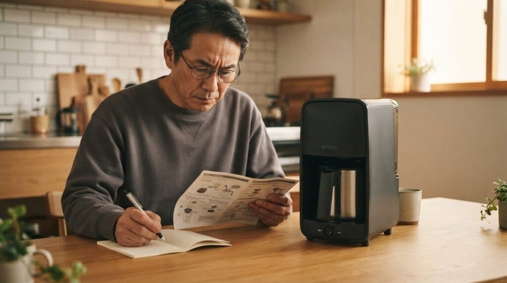 メーカーの公式説明書を広げノートに要点を記入しながら使い方を確認する日本人男性。