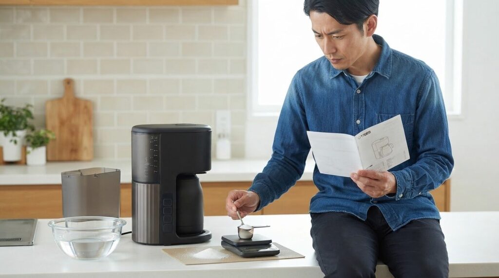 キッチンスケールでクエン酸粉末を量りながら説明書を確認する日本人男性