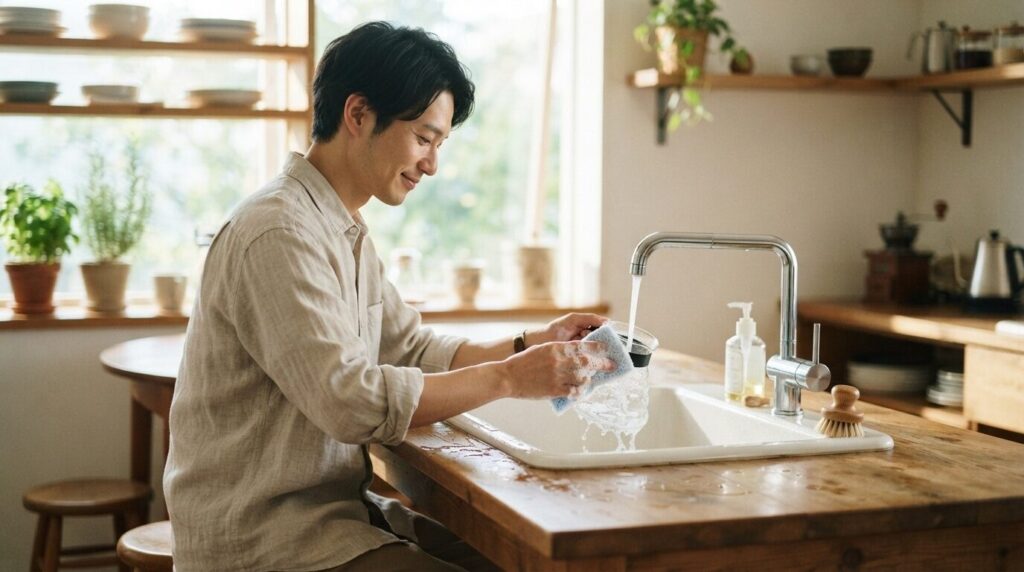 木製ダイニングテーブルで、柔らかいスポンジを使ってガラスサーバーを流水下で優しく洗う日本人の男性。