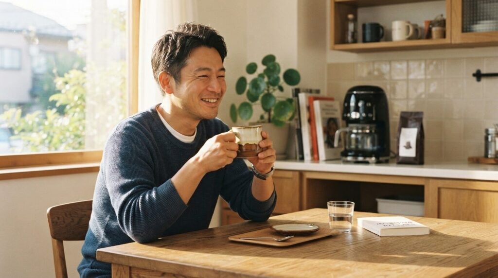 朝のリラックスした時間に挽きたてコーヒーを楽しむ日本人男性。