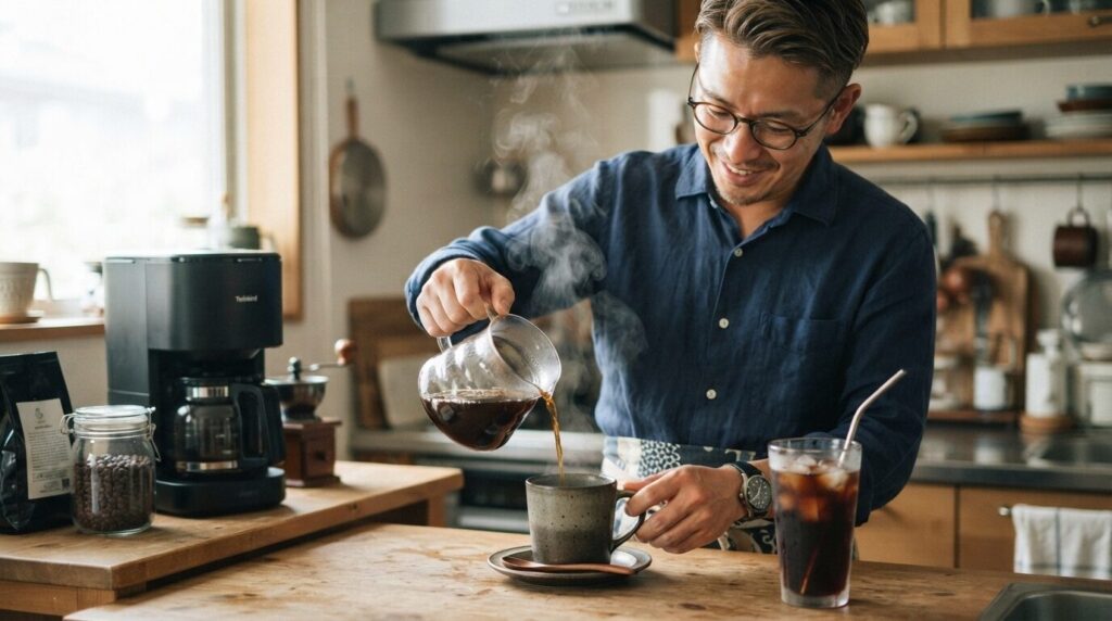 90℃抽出のホットコーヒーを陶器のマグカップに注ぐ日本人男性。
