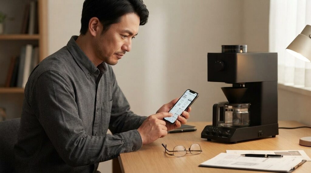 自宅でツインバードCM-D457の公式マニュアルPDFをスマートフォンで確認する日本人男性。