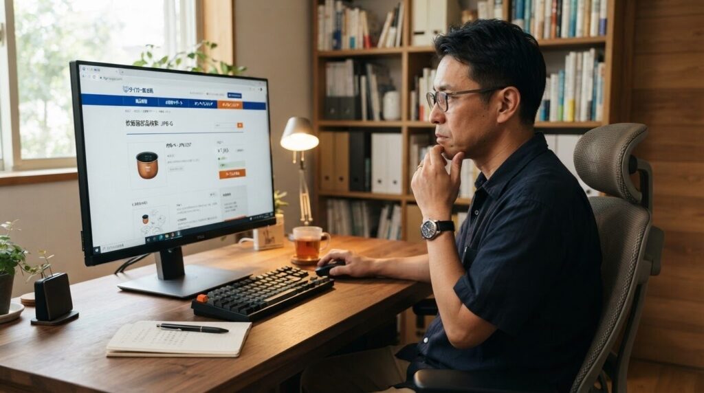 メーカー公式ウェブサイトでパーツ情報を読み解きながら、型番の意味を熟考する日本人男性。