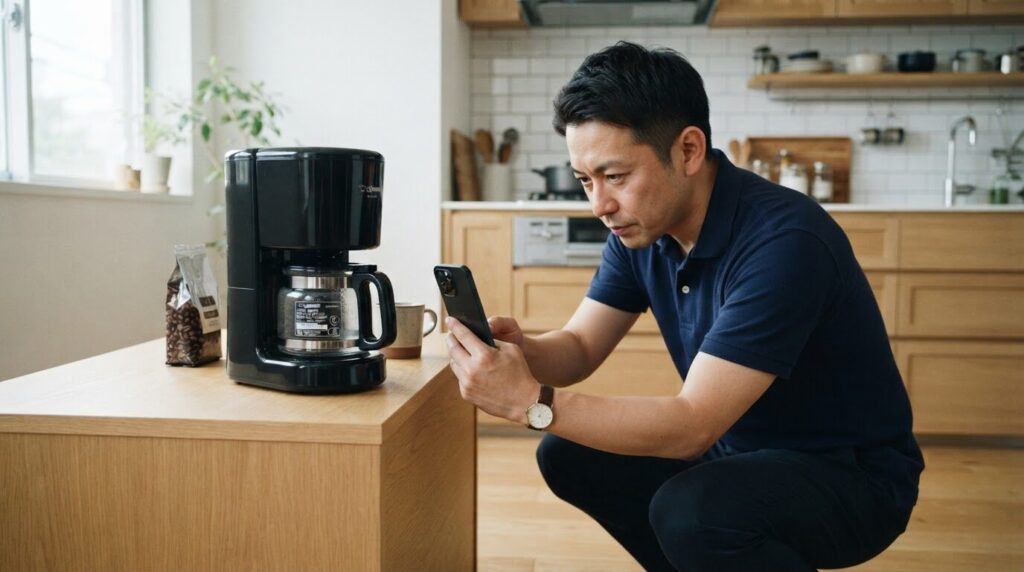 男性がスマートフォンで象印コーヒーメーカー背面のラベルを拡大撮影して型番を確認する様子。