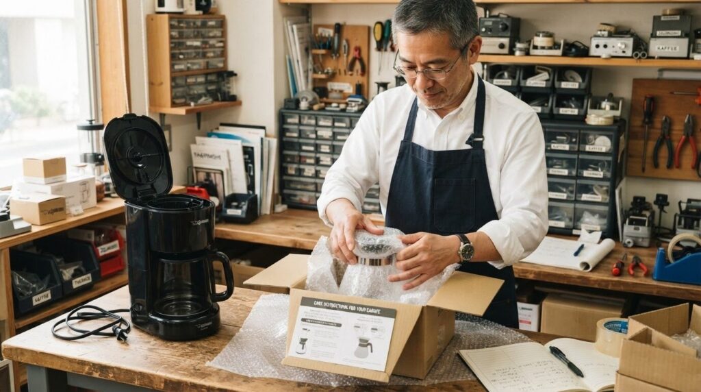 整備士の表情で交換用のガラス容器を丁寧に梱包材と一緒に段ボールへ詰めている作業風景。