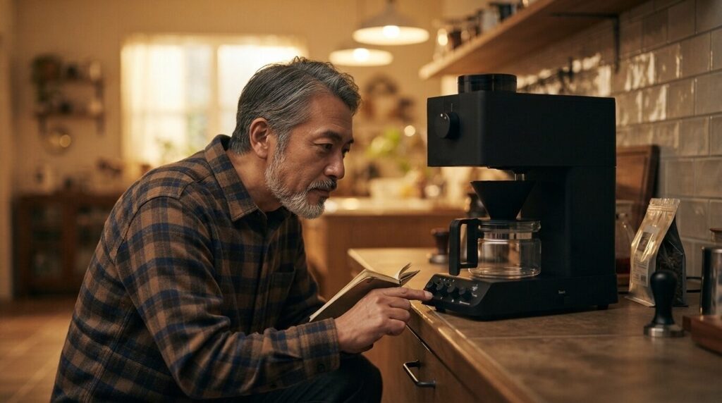 CM-D457のLEDランプをノートに記録しながら確認する日本人の中年男性