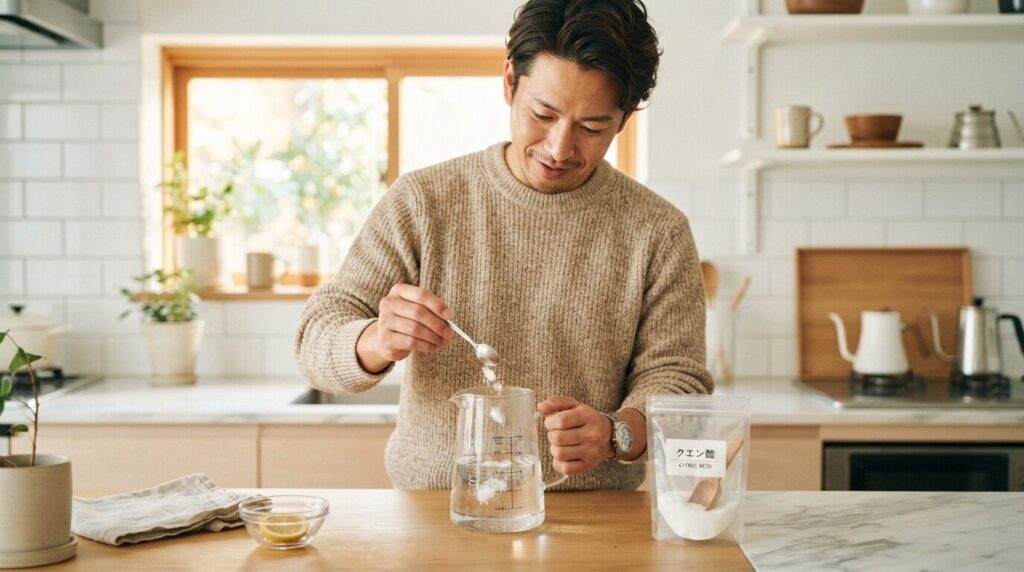 小さじでクエン酸約5gを量りながら、計量済みの水に溶かしていく日本人男性。