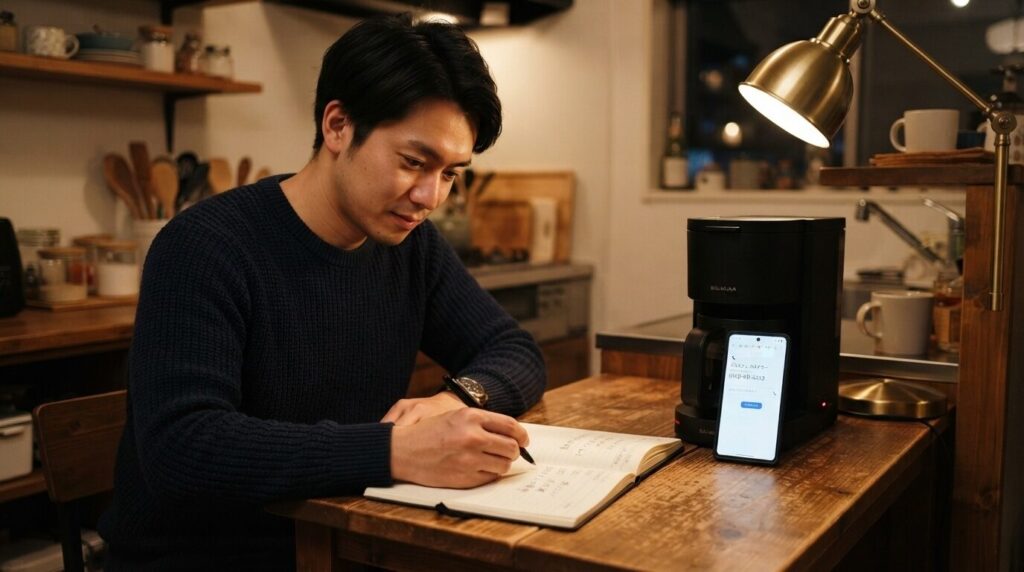 デスクランプの灯る夕方のキッチンで、メモ帳にLEDの色や症状の日付を書き留める日本人男性。