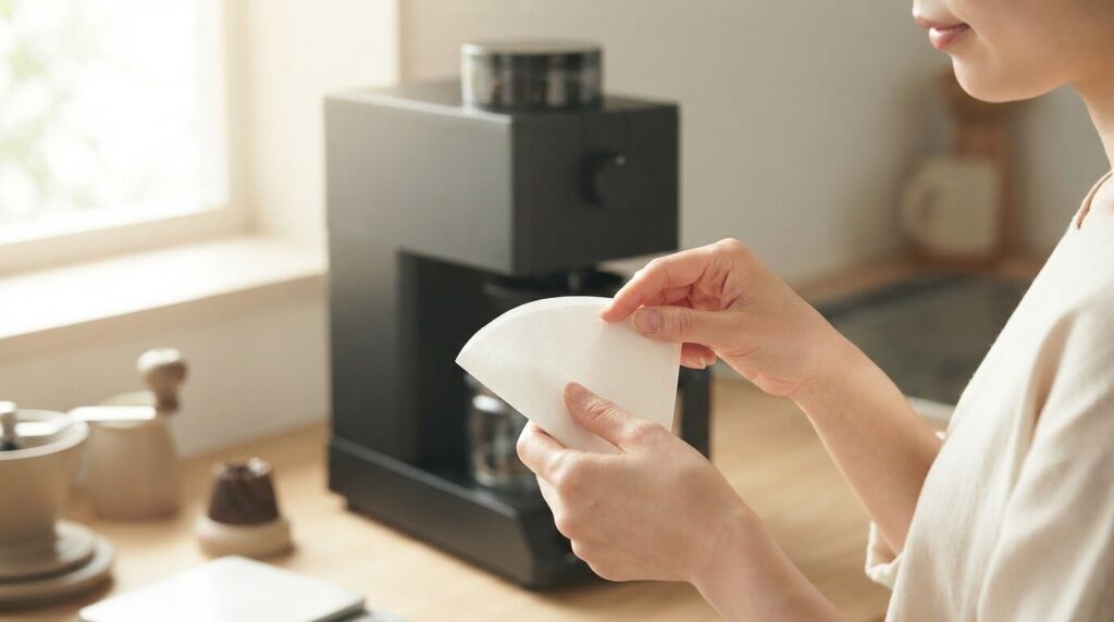 ペーパーコーヒーフィルターを丁寧に折りたたむ日本人ユーザーの精密な手元