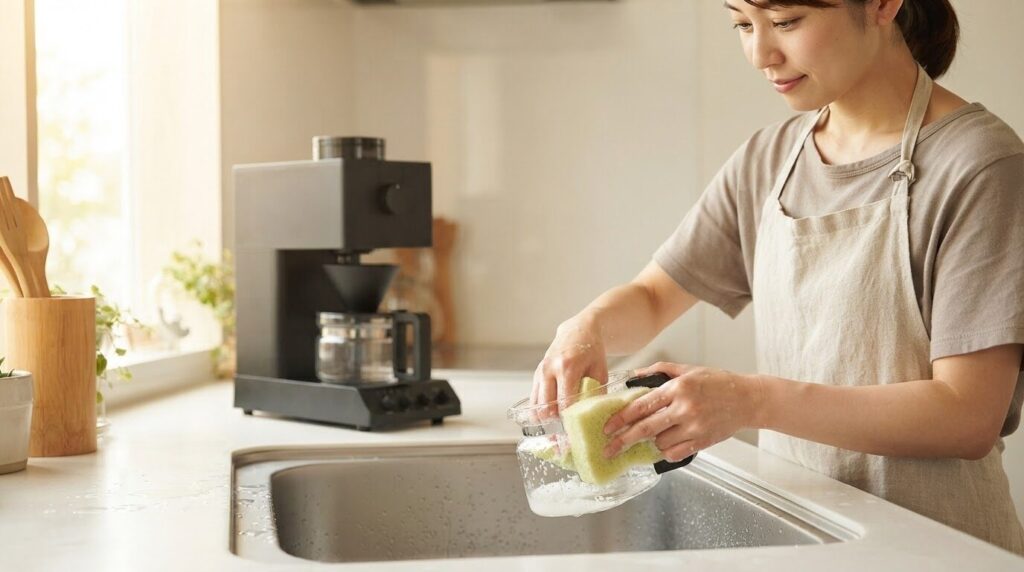 明るいキッチンでハンドル付きのガラスサーバーを食器用中性洗剤と柔らかいスポンジで丁寧に洗う日本人女性。