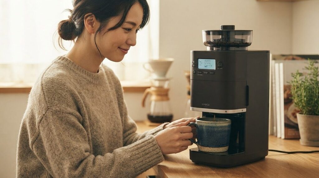 Siroca SC-C281の抽出口にマグカップを直接セットしてコーヒーを待つ日本人女性