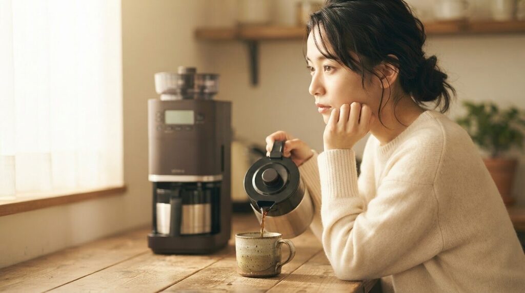 Siroca SC-C281のステンレスサーバーから静かにコーヒーを注ぐ日本人女性