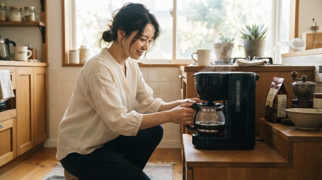 女性が新しいガラス容器を象印コーヒーメーカーの保温板に水平に慎重にセットしている朝の風景。