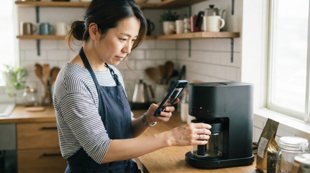 修理相談のため LED 表示をスマートフォンで撮影して記録する日本人女性。メーカーへの連絡時の記録方法を表現。