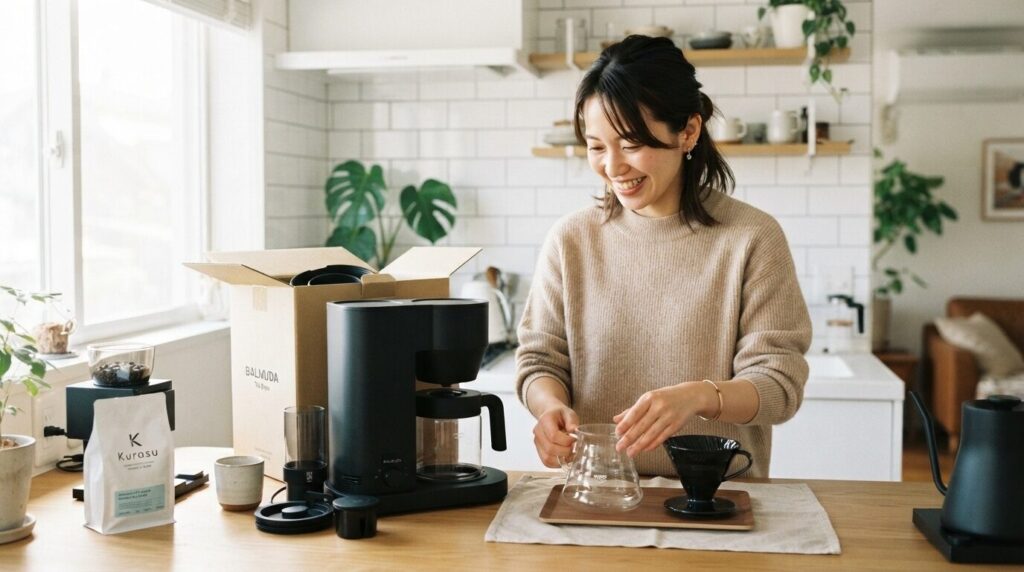 新しいコーヒーメーカーを開封し、洗ったサーバー類をカウンターへ並べる日本人女性。