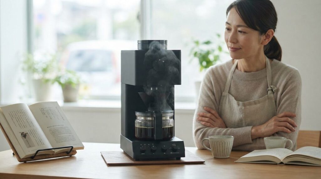 抽出を穏やかに見守る日本人女性。湯気が静かに立ち上り、朝のカップと本がテーブルに並ぶ平和な瞬間