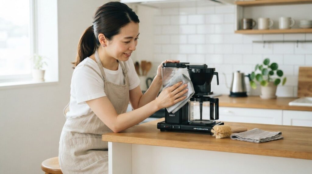 キッチンカウンターで、固く絞った布でコーヒーメーカー本体を丁寧に拭く日本人の女性。