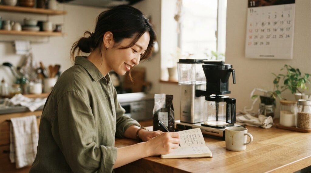 洗浄日や症状の変化を手帳に書き留めながらお手入れ習慣を大切に続ける日本人女性