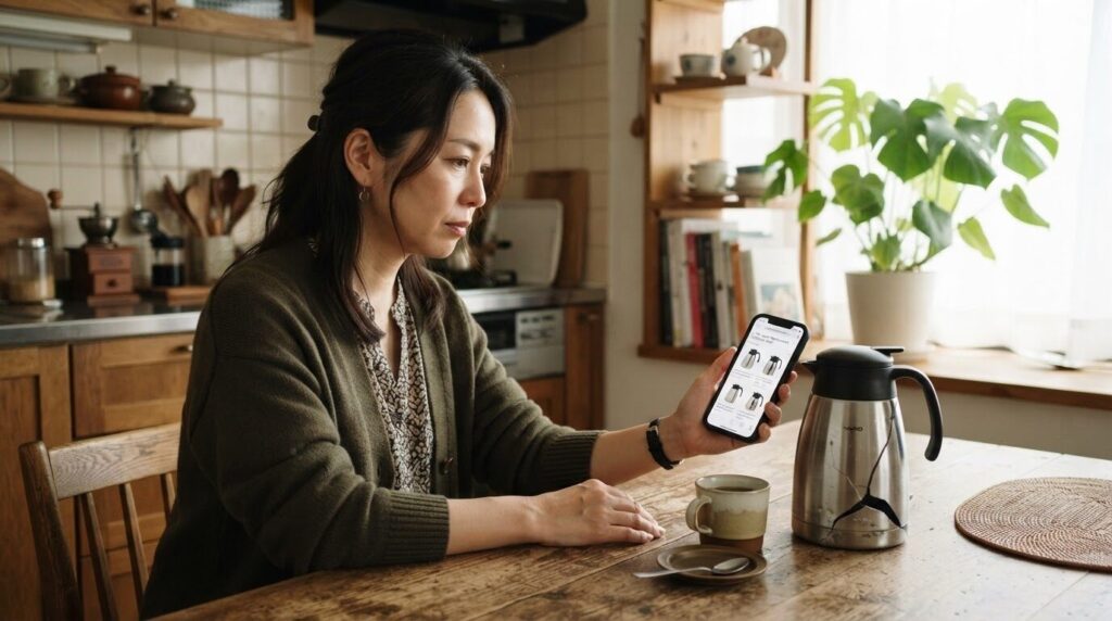割れたステンレス製サーバーを前に置き、スマートフォンの情報を確認しながら処分方法を調べる日本人女性。