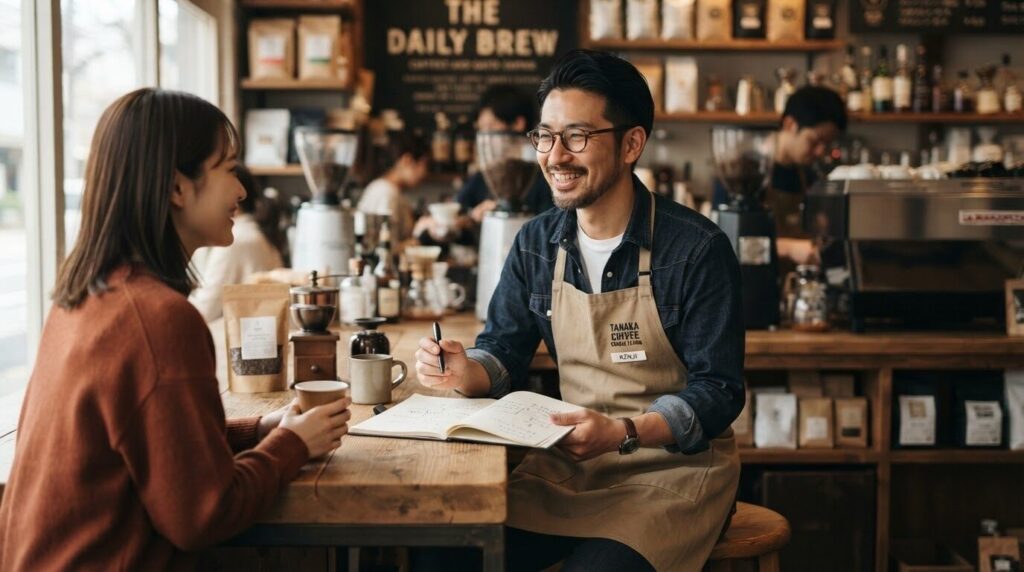 カフェスタイルのデスクで顧客からの質問に笑顔で対応する日本人のコーヒー専門相談員。
