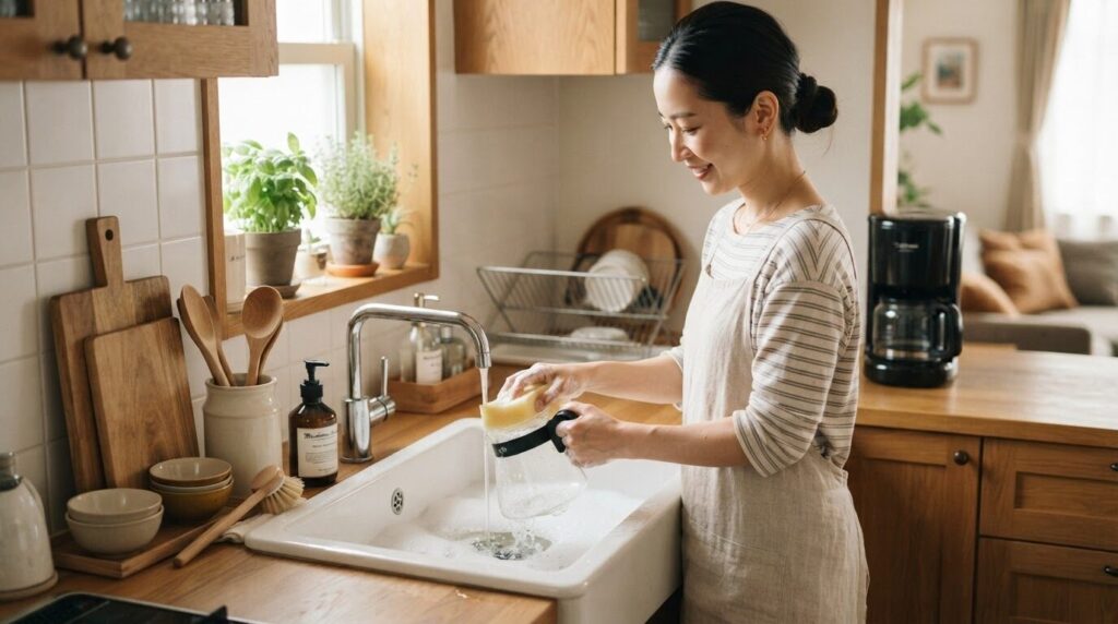 女性が柔らかいスポンジと中性洗剤でガラス容器を優しく洗っている清潔なシンク前の様子。