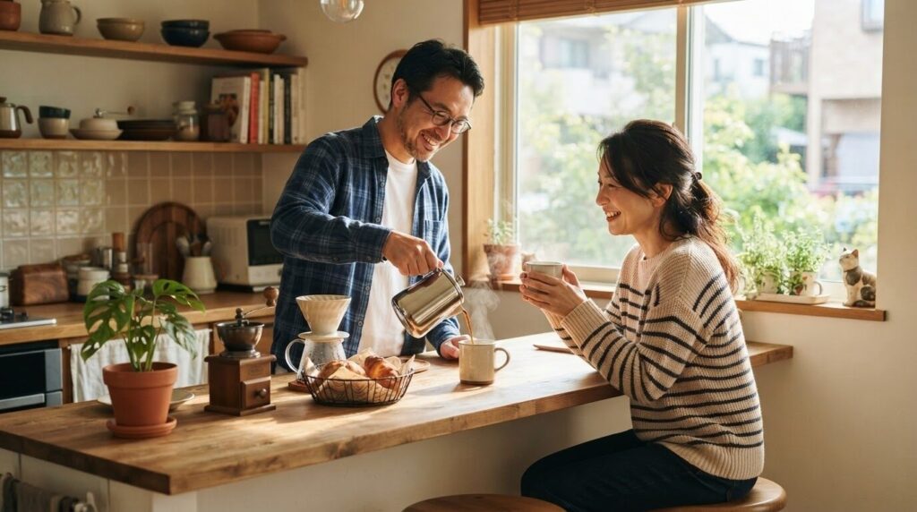 朝の明るいキッチンで、ステンレスサーバーACC1018から注いだコーヒーを夫婦で笑顔のまま楽しむ日本人カップル。