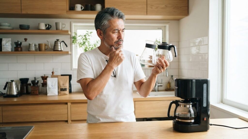 男性がキッチンのカウンターで市販のガラスサーバー2つを手に取って比較検討しているシーン。