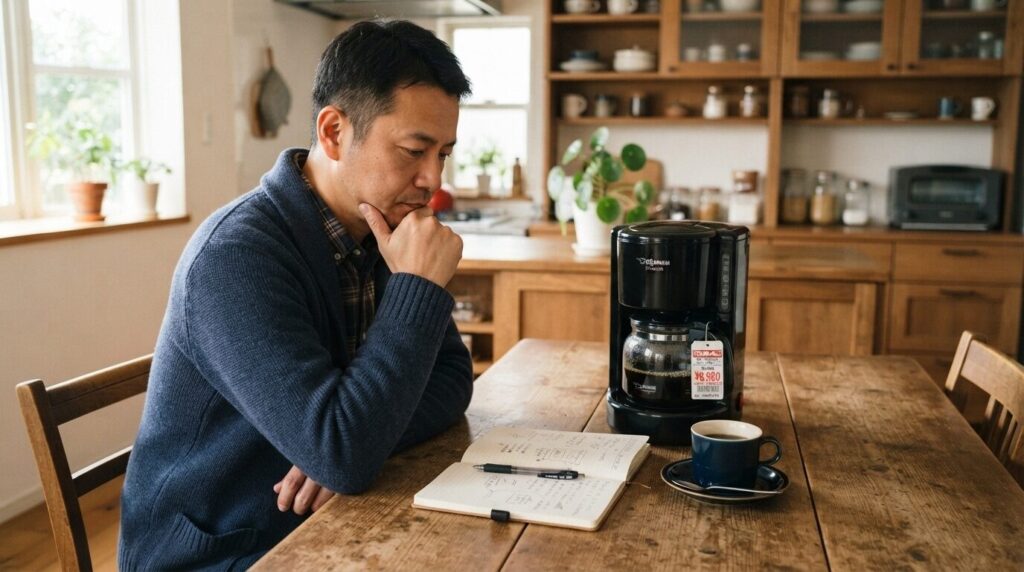 男性がダイニングテーブルの前でコーヒーメーカー本体と価格タグを見ながら交換か買替か悩んでいる様子。