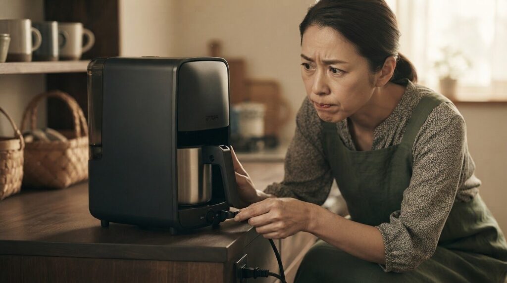 参考画像と同じタイガーADC-A060コーヒーメーカーの電源コードを慎重に確認する日本人女性。買い替え判断のための安全確認シーン。