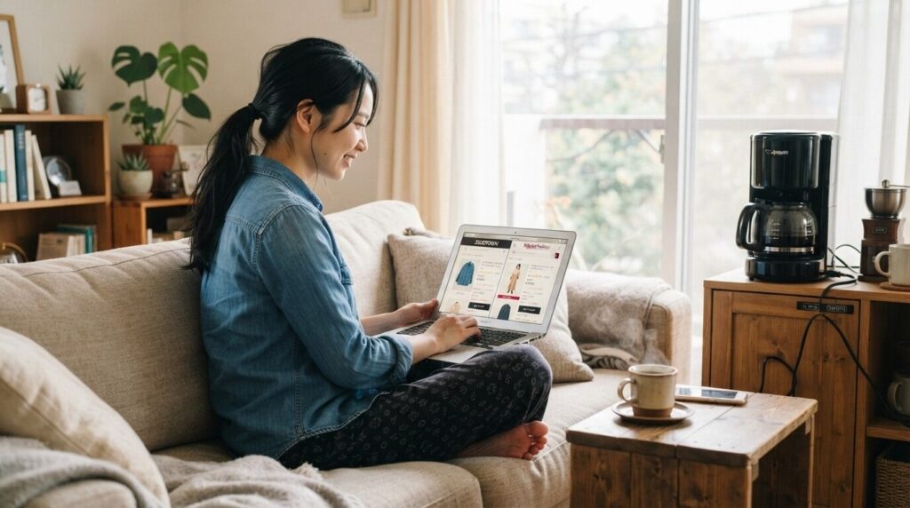 ソファに座った若い女性が複数のショッピングサイトを比較しながら象印部品を検討している様子。