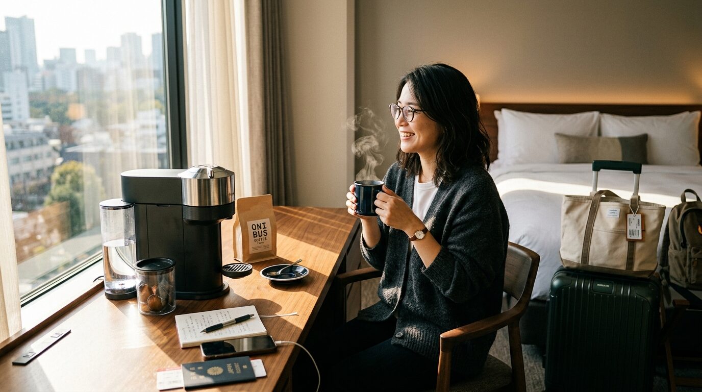 海外旅行先のホテルでコーヒーを楽しむ日本人旅行者の朝の風景