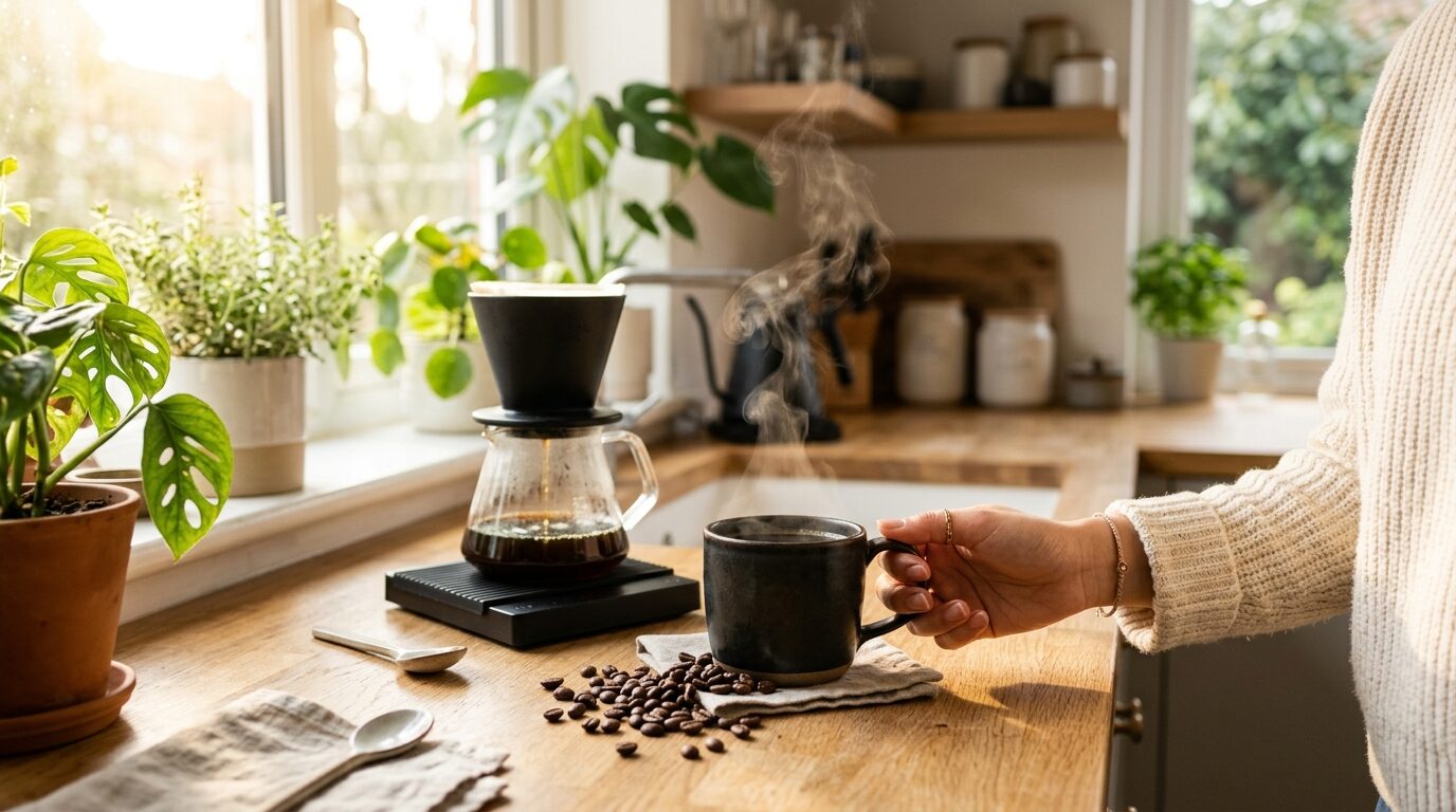 モダンなキッチンで淹れたての美味しいコーヒーとコーヒーメーカー