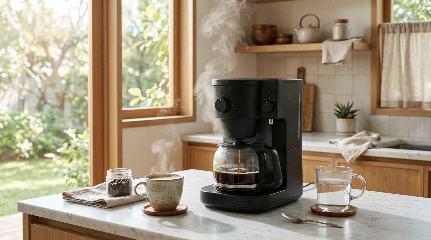 朝の明るいキッチンに置かれたお湯機能付きのモダンなコーヒーメーカーから湯気が立ち上り、コーヒーと白湯のグラスが並んでいる心地よいライフスタイル写真
