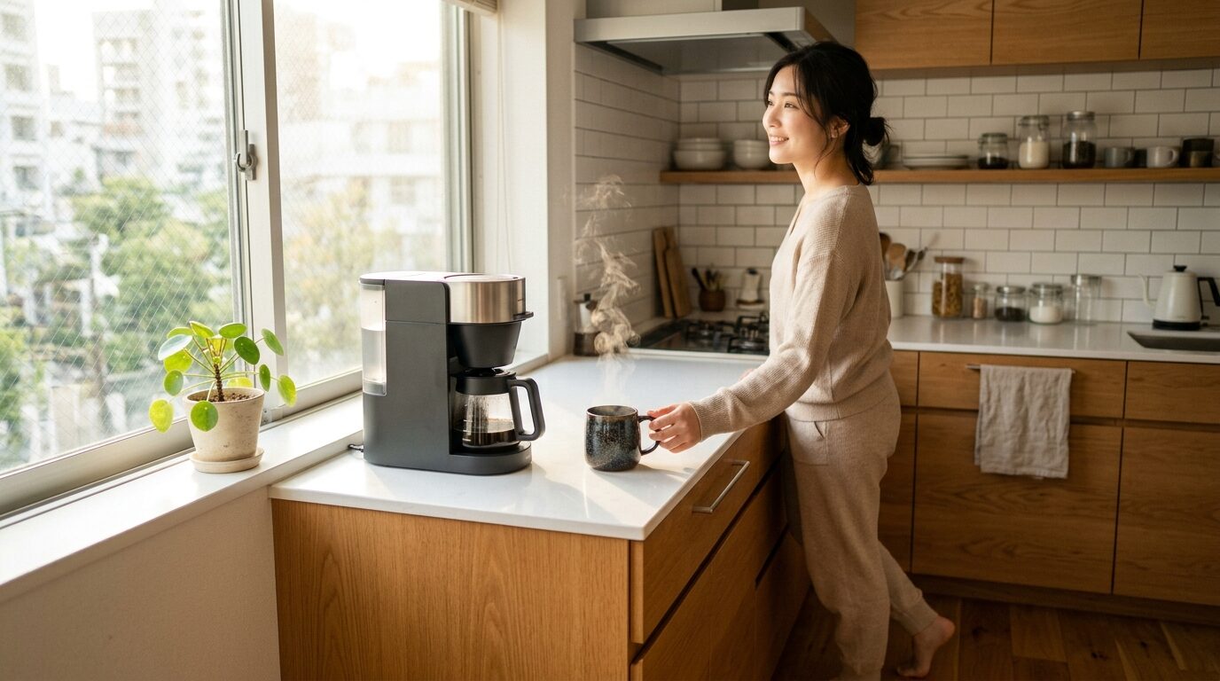 一人暮らしのキッチンで朝のコーヒータイムを楽しむ女性とコンパクトなコーヒーメーカー
