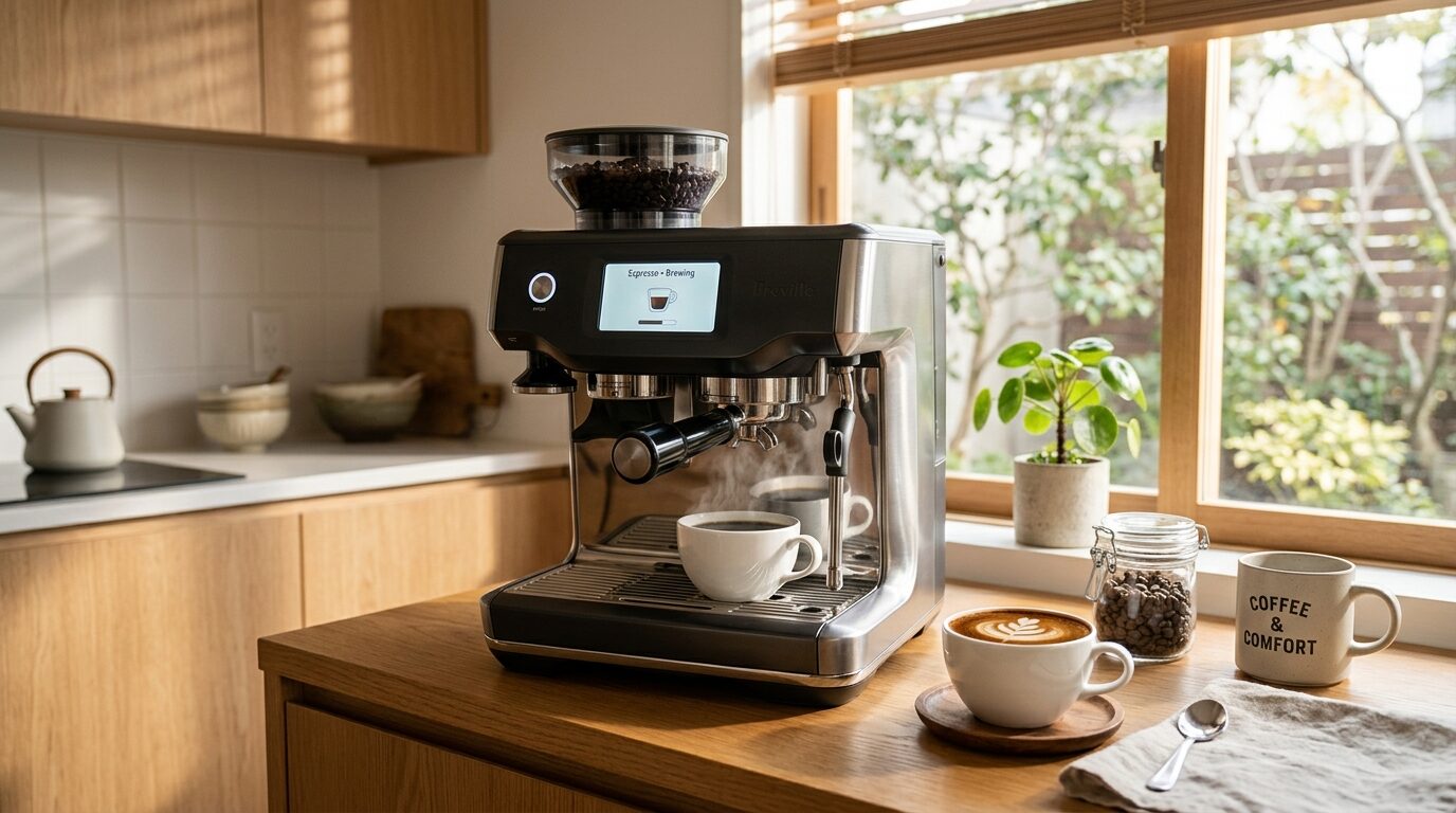 朝日が差し込むキッチンカウンターの全自動コーヒーメーカーと湯気の立つコーヒーカップ