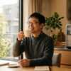 朝陽の中、自宅キッチンでデロンギのコーヒーメーカーが淹れたコーヒーを笑顔で味わう日本人。賢い選択で極上のおうちカフェを実現した満足感を表現しています。