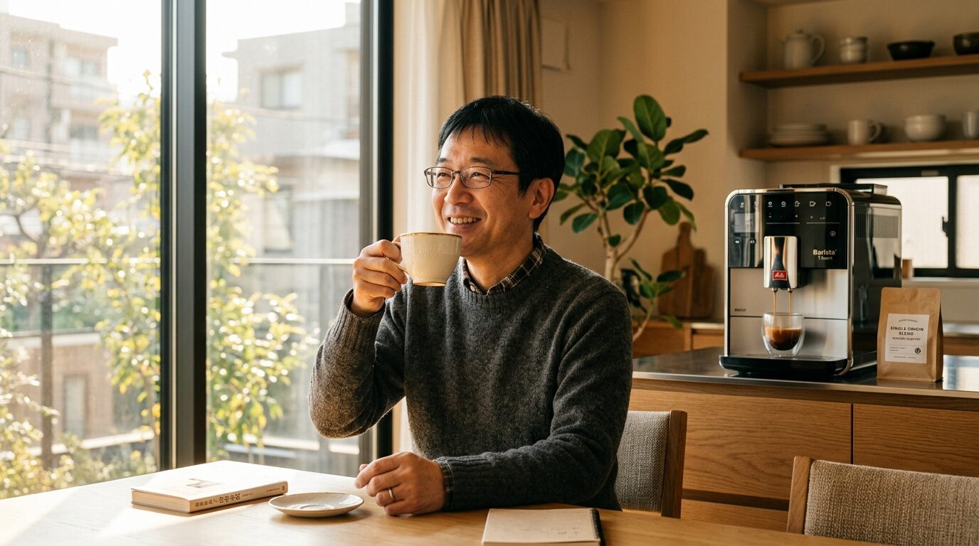 朝陽の中、自宅キッチンでデロンギのコーヒーメーカーが淹れたコーヒーを笑顔で味わう日本人。賢い選択で極上のおうちカフェを実現した満足感を表現しています。
